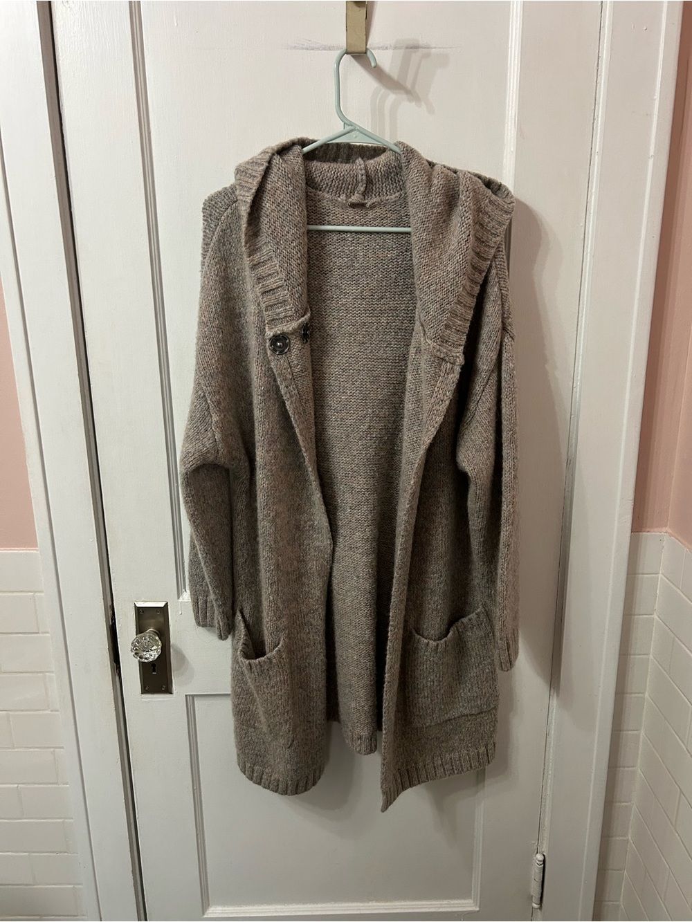 Free People Neutral Hooded Open-Front Cardigan in Taupe Brown